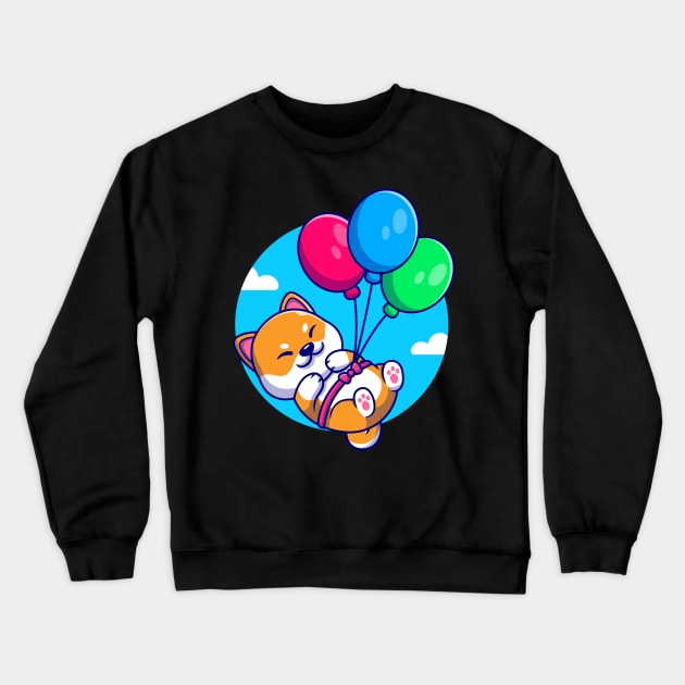 Cute Shiba Inu Dog Floating With Balloon Cartoon Crewneck Sweatshirt by Catalyst Labs